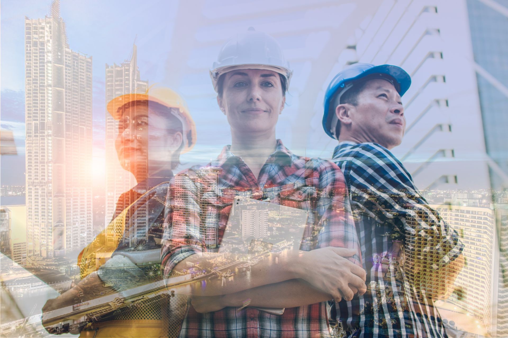 Double exposure engineering and construction concept. Industrial engineer wear safety helmet engineering standing with arms crossed on building outside. Engineering tools and construction concept.